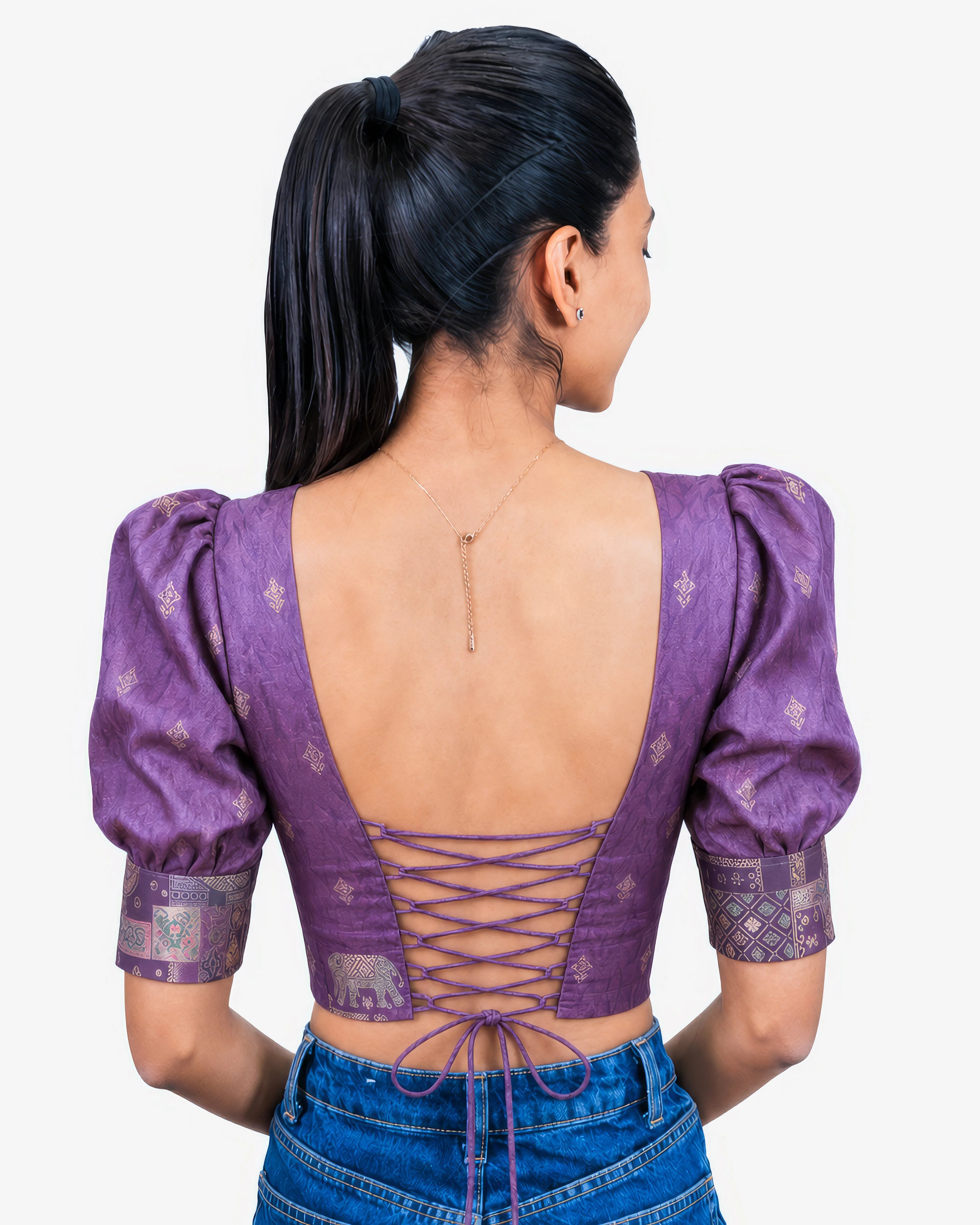 Fourtucks Blouse Farma - Boat & Deep Neck - Puff Sleeve with Belt