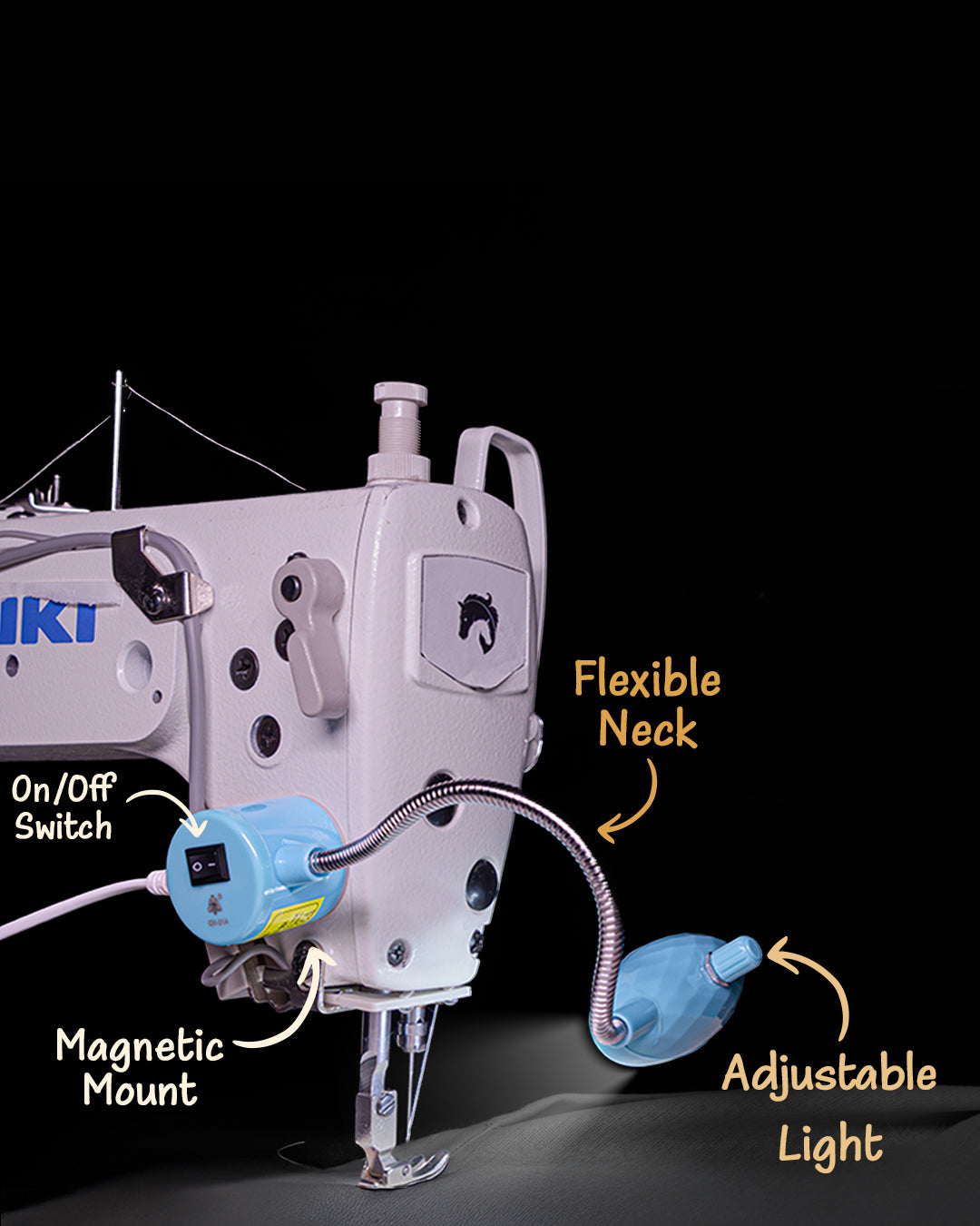 Magnetic LED sewing machine light with brightness control knob, flexible gooseneck neck, and magnetic base