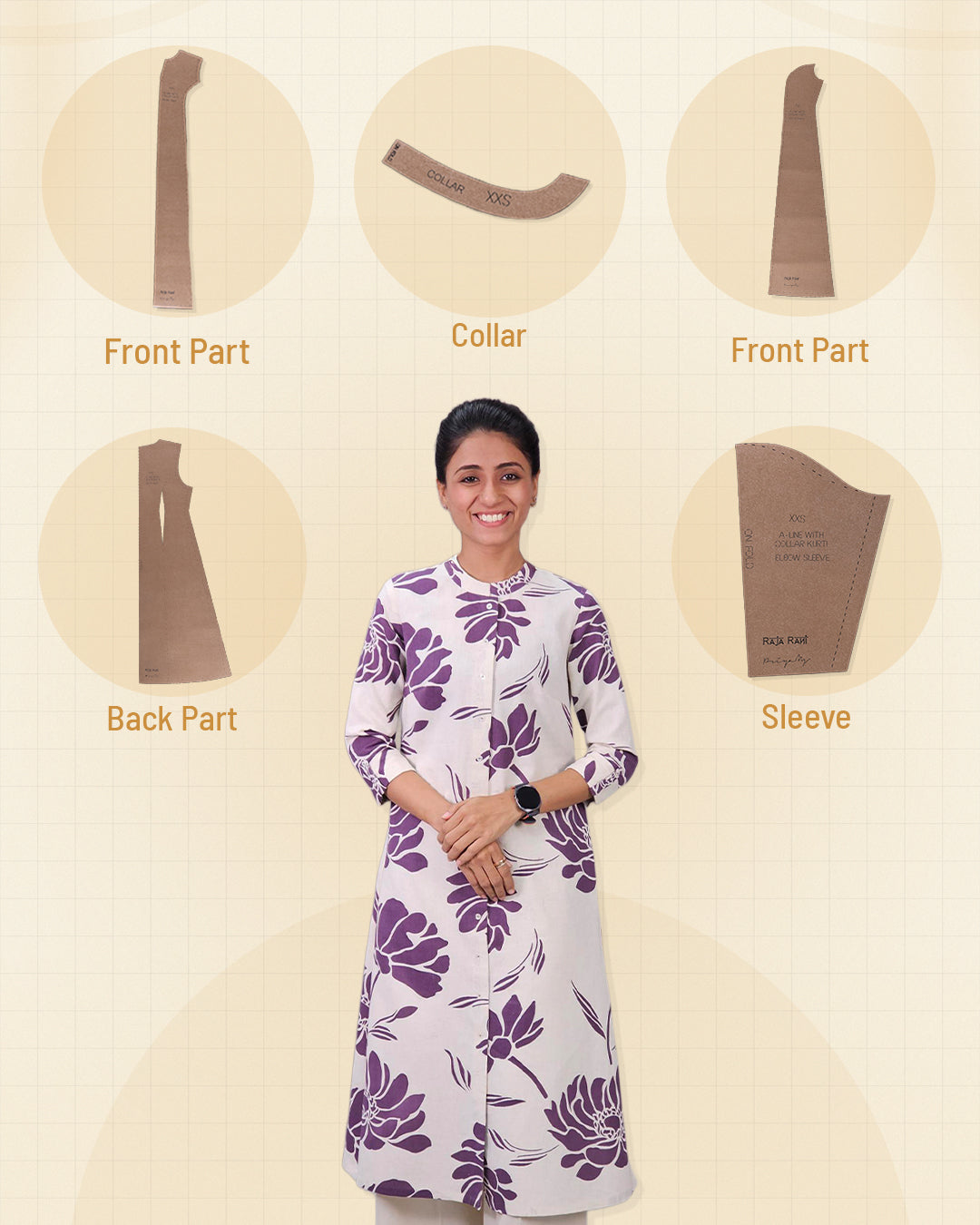 Princess Cut A-Line Kurti With Collar3/4 th Sleeve