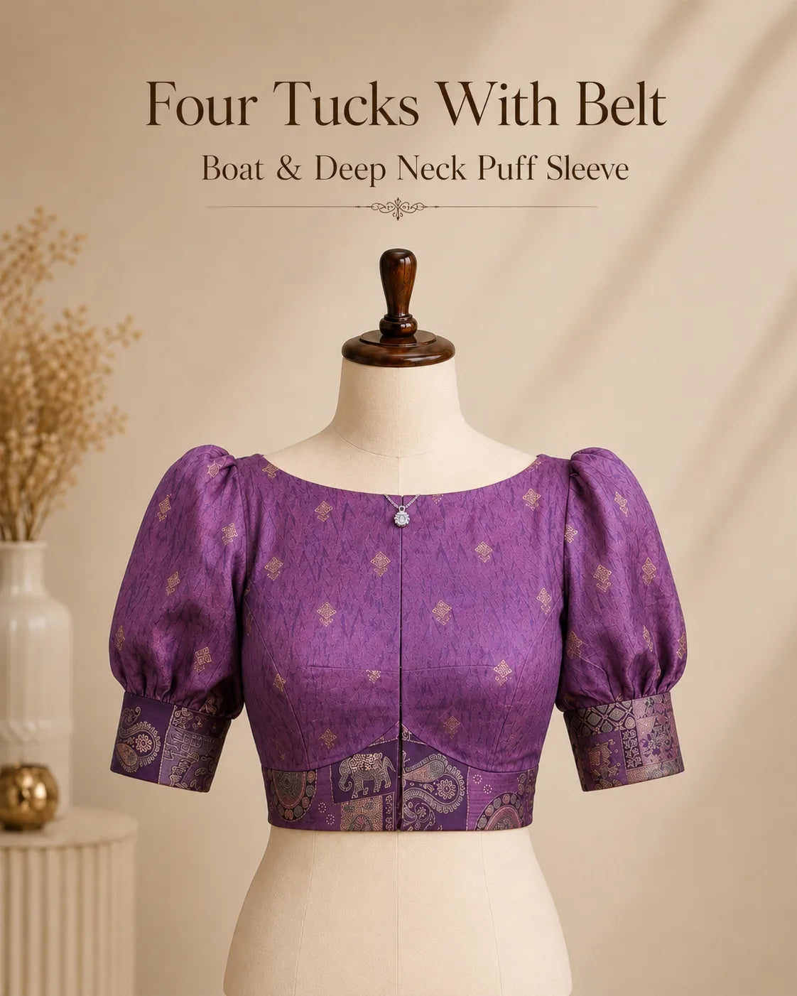 Fourtucks Blouse Farma - Boat & Deep Neck - Puff Sleeve with Belt