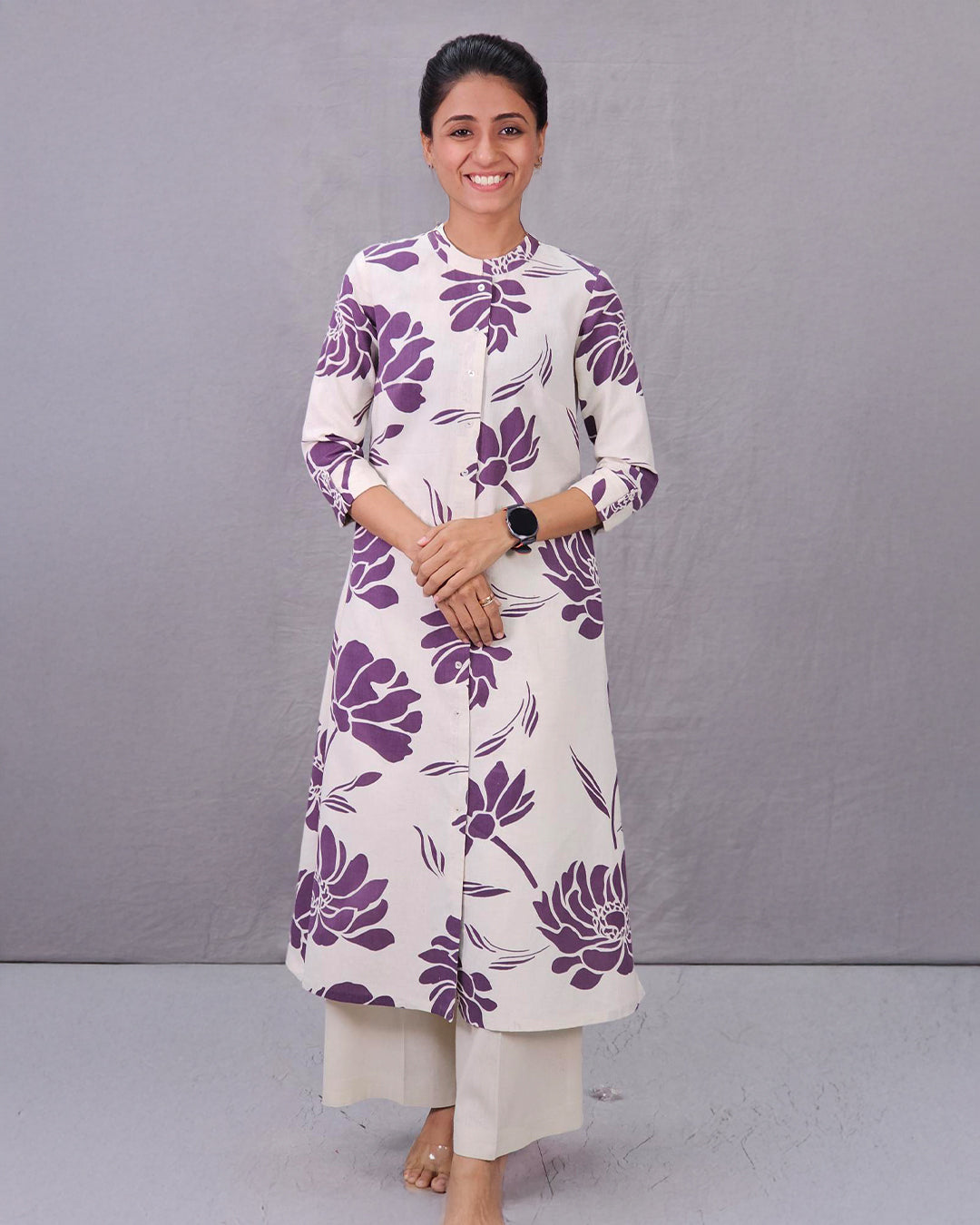 Princess Cut A-Line Kurti With Collar3/4 th Sleeve