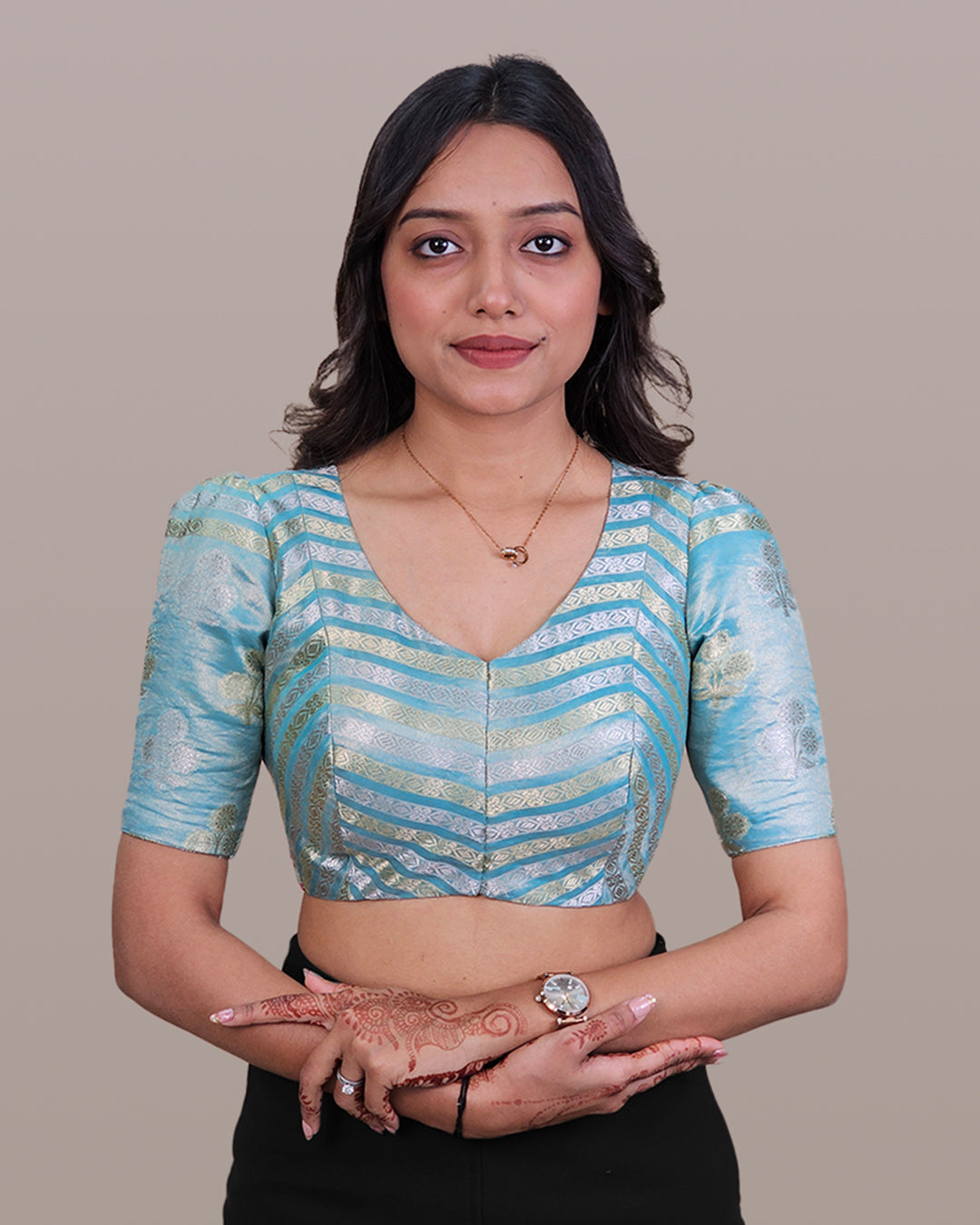 Straight Dart - Deep & Pack Neck Puff Sleeve Blouse Farma