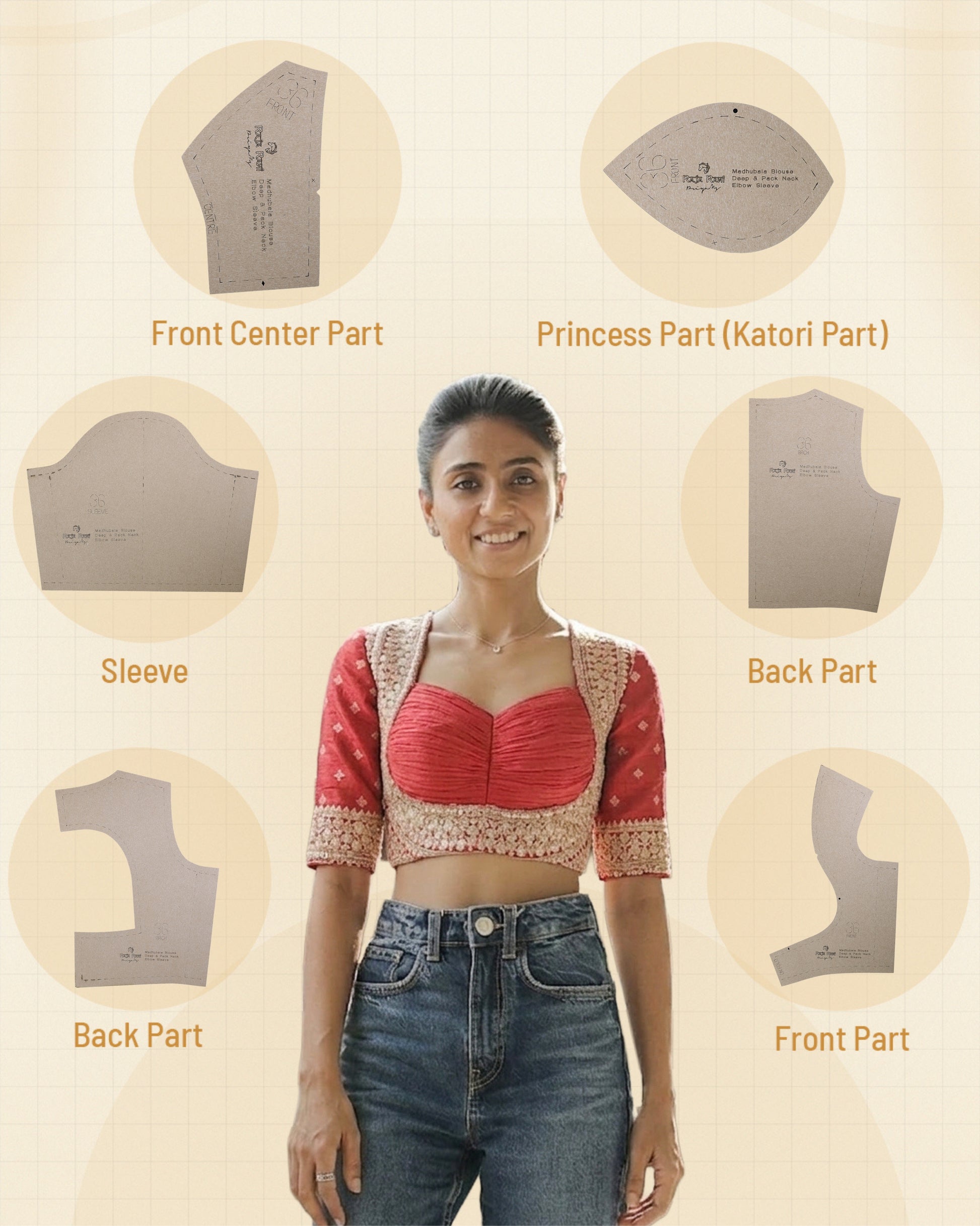 Madhubala Blouse - Deep & Pack Neck - Elbow Sleeve (Sizes 30 to 50)