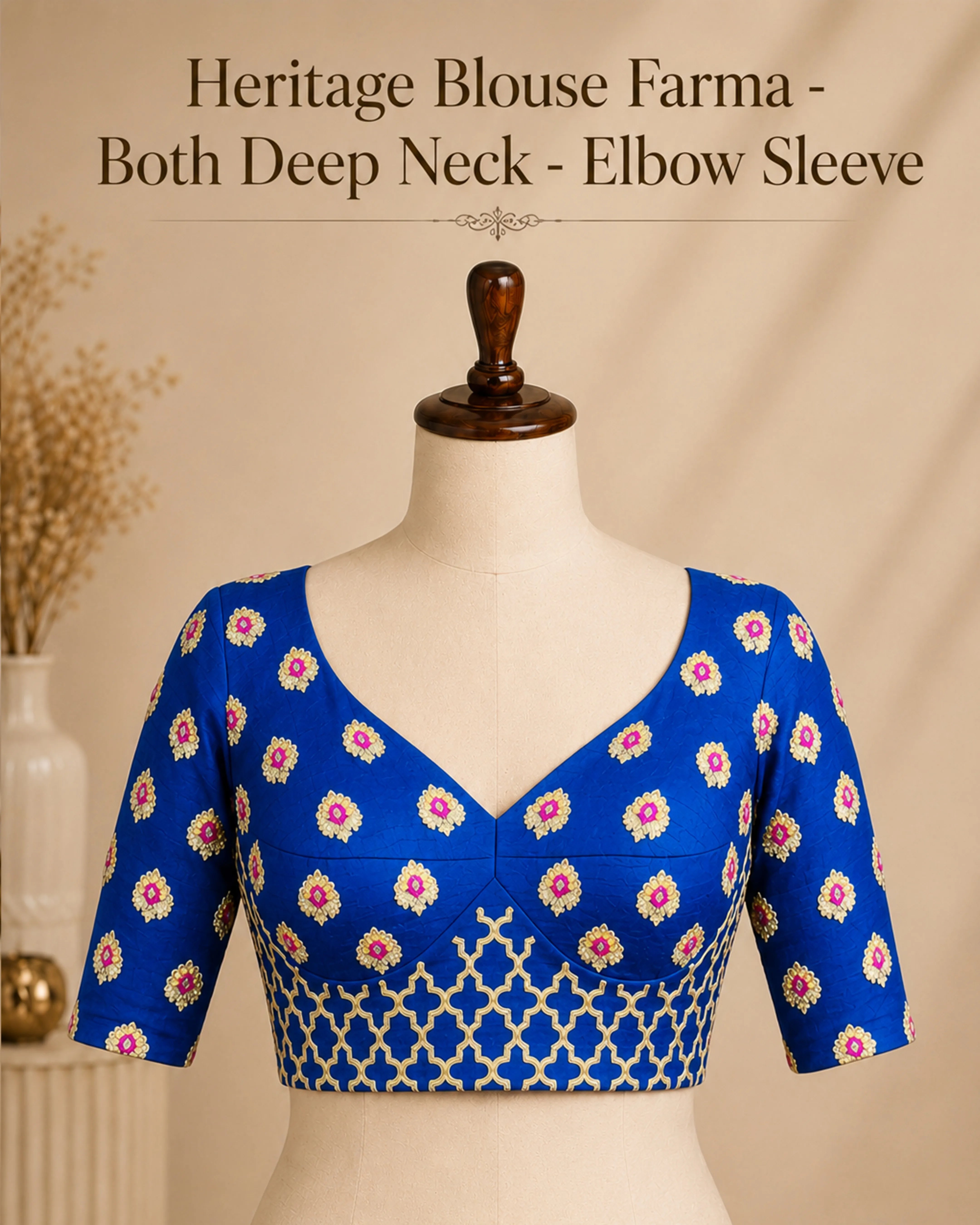 Heritage Blouse Farma  - Both Deep Neck - Elbow Sleeve